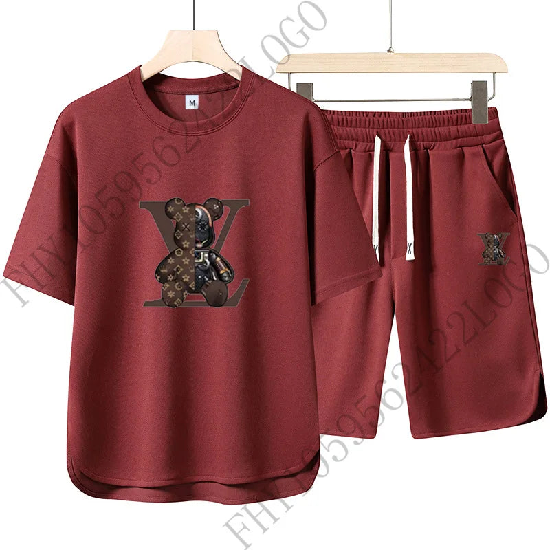 2025 Summer Street men fashion Breathable fitness sports fashion high quality printed short sleeve T-shirt + jogging shorts set