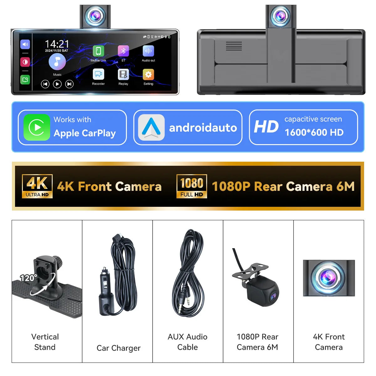 10.26" 4K/1080P Touch Car Stereo with CarPlay & Android Auto | Front & Rear Dash Cam, Night Vision, WiFi, Bluetooth, FM
