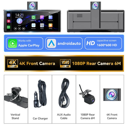 10.26" 4K/1080P Touch Car Stereo with CarPlay & Android Auto | Front & Rear Dash Cam, Night Vision, WiFi, Bluetooth, FM