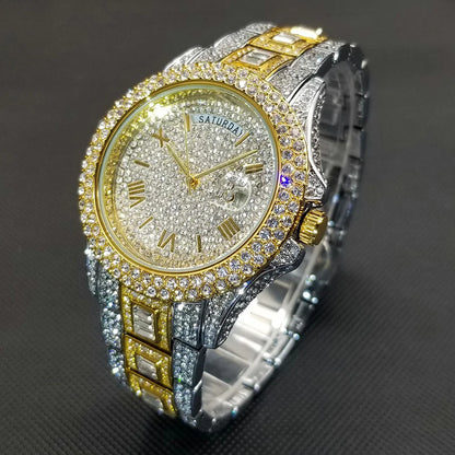 Luxury Shiny Diamond Watch For Men Hip Hop Trendy Iced Out Quartz Watches High Quality Stainless Steel Waterproof Day Date Clock