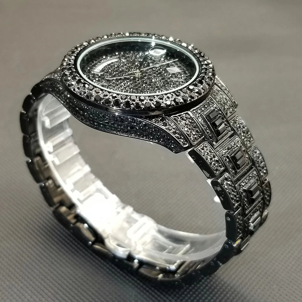 Luxury Shiny Diamond Watch For Men Hip Hop Trendy Iced Out Quartz Watches High Quality Stainless Steel Waterproof Day Date Clock