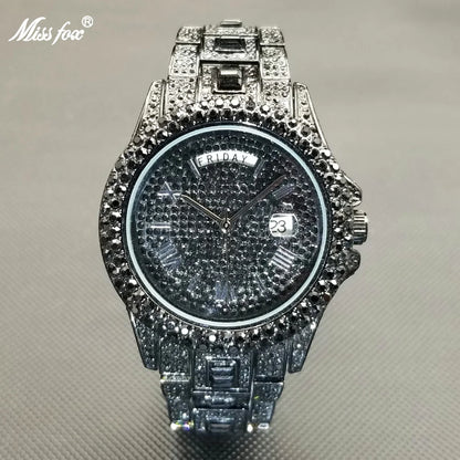 Luxury Shiny Diamond Watch For Men Hip Hop Trendy Iced Out Quartz Watches High Quality Stainless Steel Waterproof Day Date Clock