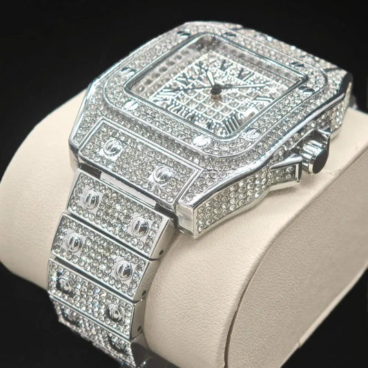 2025 Hot Sell Ice Watches Men Luxury Stainless Steel Hip Hop Full Diamond Square Quartz Wristwatch With Calendar Droshipping