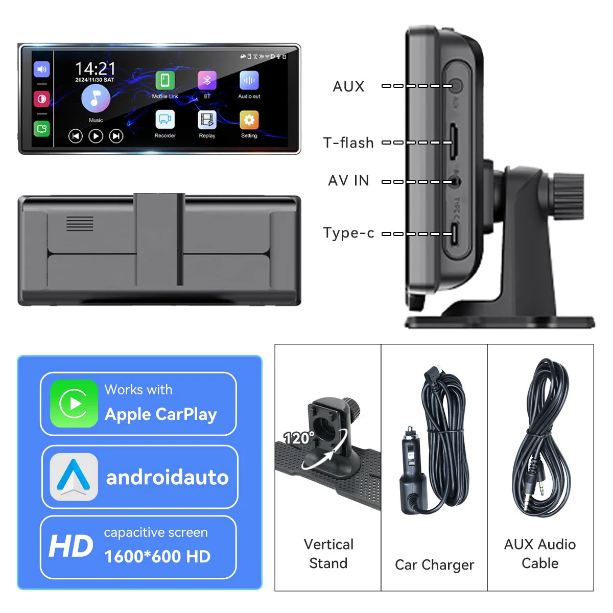 10.26" 4K/1080P Touch Car Stereo with CarPlay & Android Auto | Front & Rear Dash Cam, Night Vision, WiFi, Bluetooth, FM