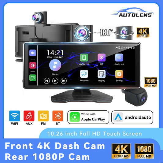 10.26" 4K/1080P Touch Car Stereo with CarPlay & Android Auto | Front & Rear Dash Cam, Night Vision, WiFi, Bluetooth, FM