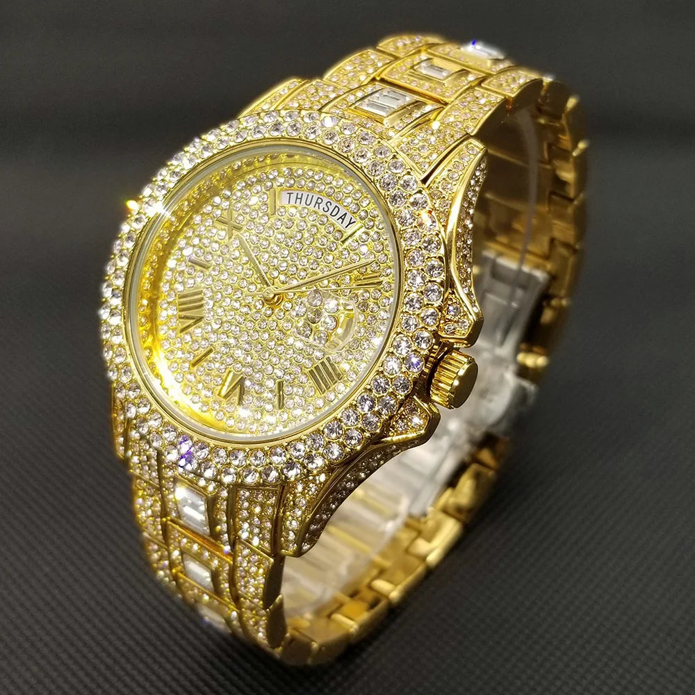 Luxury Shiny Diamond Watch For Men Hip Hop Trendy Iced Out Quartz Watches High Quality Stainless Steel Waterproof Day Date Clock