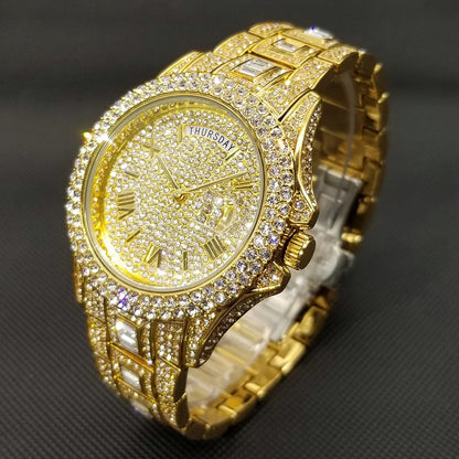 Luxury Shiny Diamond Watch For Men Hip Hop Trendy Iced Out Quartz Watches High Quality Stainless Steel Waterproof Day Date Clock