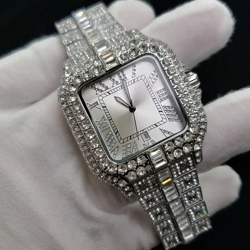 Luxury Diamond Watch Men Hip Hop Bling Iced Out Quartz Watches Fashion Blue Dial Silver Shiny Party Jewelry Relojes Dropshipping