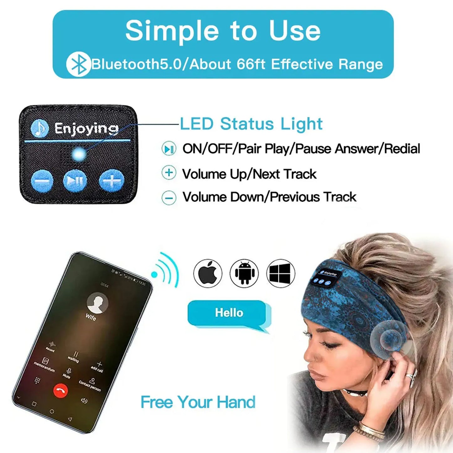 Bluetooth Earphones Sports Sleeping Headband Elastic Wireless Headphones Music Eye Mask Wireless Headset Boho Headband Yoga Work