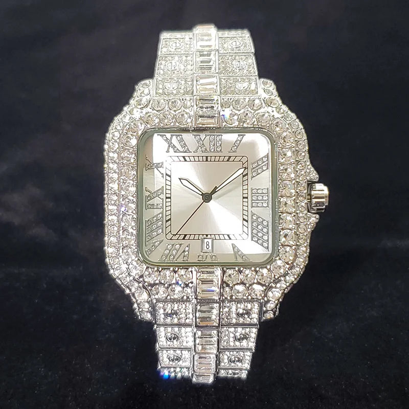 Luxury Diamond Watch Men Hip Hop Bling Iced Out Quartz Watches Fashion Blue Dial Silver Shiny Party Jewelry Relojes Dropshipping