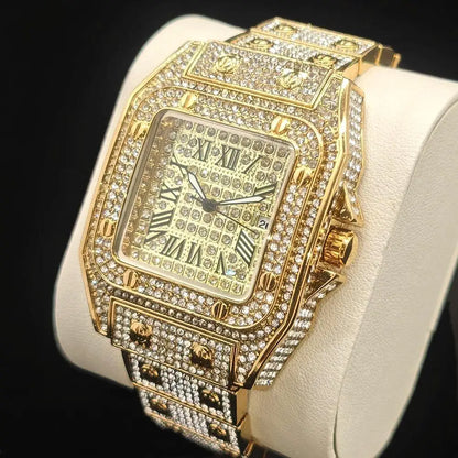 2025 Hot Sell Ice Watches Men Luxury Stainless Steel Hip Hop Full Diamond Square Quartz Wristwatch With Calendar Droshipping