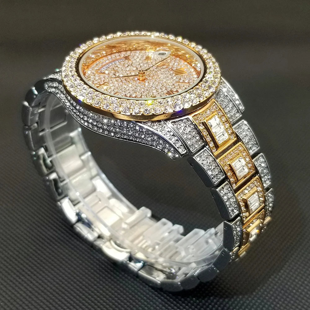 Luxury Shiny Diamond Watch For Men Hip Hop Trendy Iced Out Quartz Watches High Quality Stainless Steel Waterproof Day Date Clock