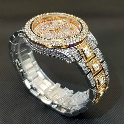 Luxury Shiny Diamond Watch For Men Hip Hop Trendy Iced Out Quartz Watches High Quality Stainless Steel Waterproof Day Date Clock