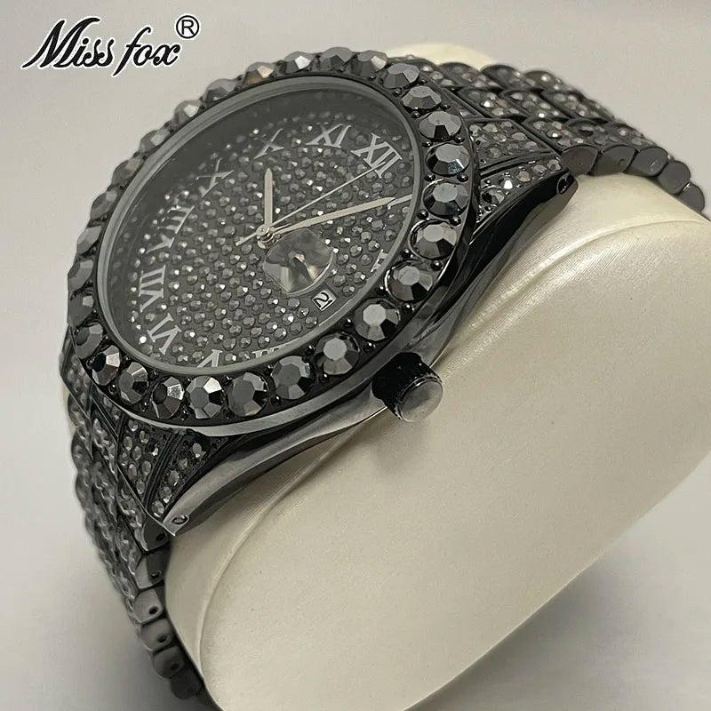 Hot Hip Hop Iced Out Watch for Mens Brand MISSFOX Fashion Bling Quartz Clocks Luxury Full Diamond Wrist Watches Man Reloj Hombre