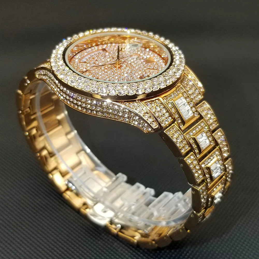 Luxury Shiny Diamond Watch For Men Hip Hop Trendy Iced Out Quartz Watches High Quality Stainless Steel Waterproof Day Date Clock