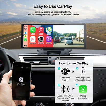 10.26" 4K/1080P Touch Car Stereo with CarPlay & Android Auto | Front & Rear Dash Cam, Night Vision, WiFi, Bluetooth, FM
