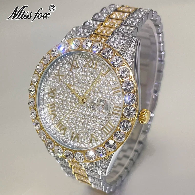 Hot Hip Hop Iced Out Watch for Mens Brand MISSFOX Fashion Bling Quartz Clocks Luxury Full Diamond Wrist Watches Man Reloj Hombre