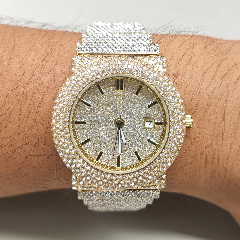 Hot New Luxury Watches For Men Full Diamond Iced Hip Hop Stylish Quartz Watch For Male Waterproof Calendar Men's Wristwatches