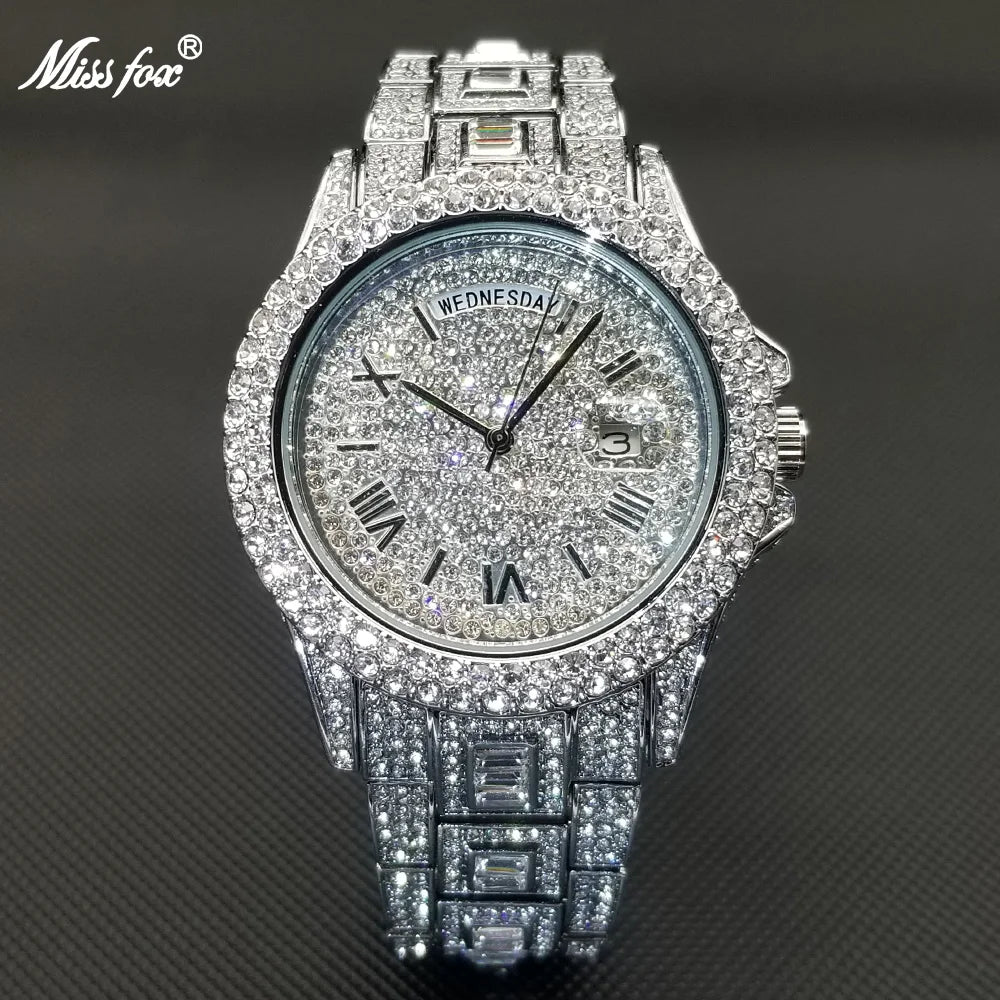 Luxury Shiny Diamond Watch For Men Hip Hop Trendy Iced Out Quartz Watches High Quality Stainless Steel Waterproof Day Date Clock