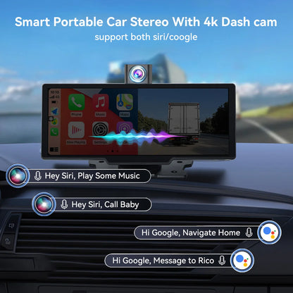 10.26" 4K/1080P Touch Car Stereo with CarPlay & Android Auto | Front & Rear Dash Cam, Night Vision, WiFi, Bluetooth, FM