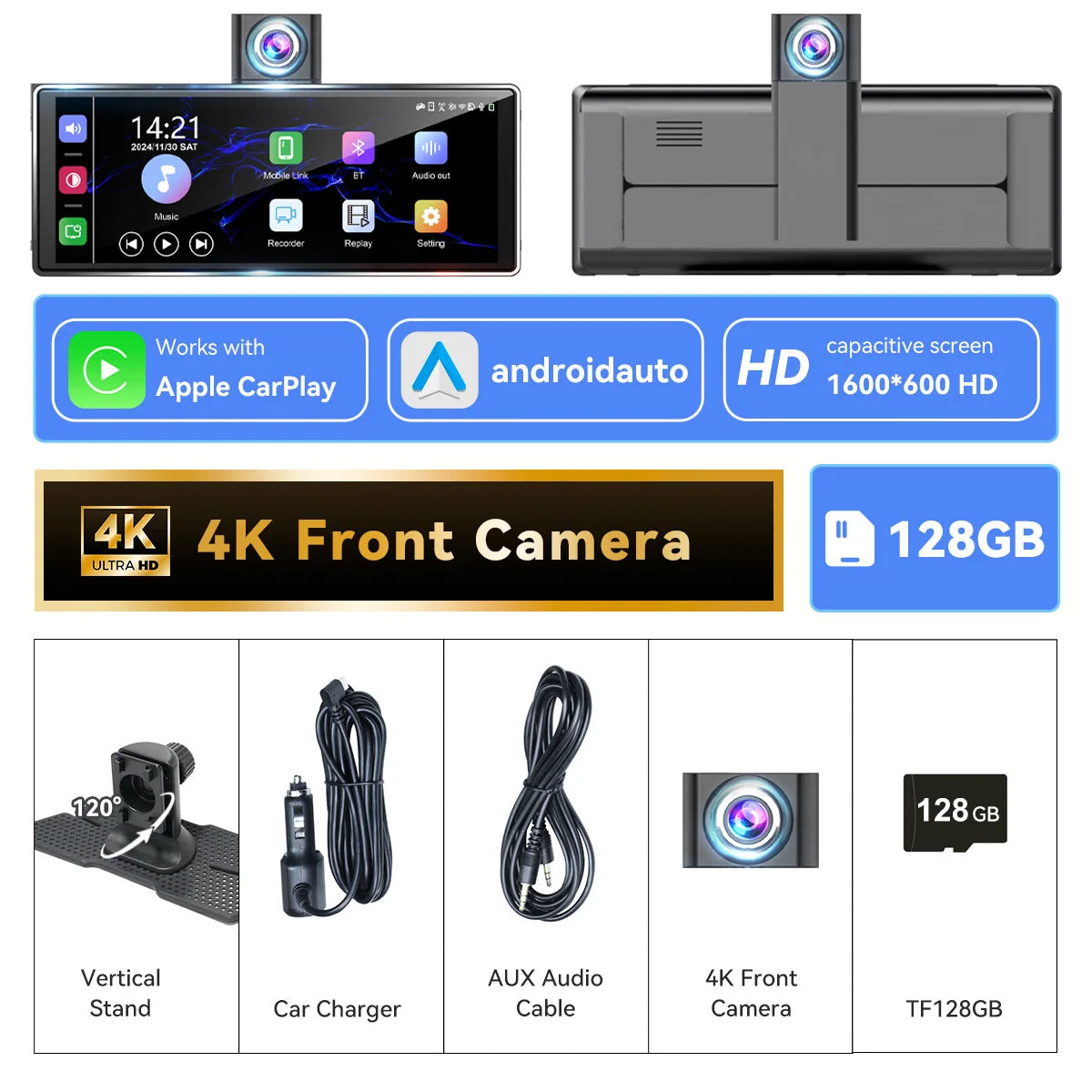 10.26" 4K/1080P Touch Car Stereo with CarPlay & Android Auto | Front & Rear Dash Cam, Night Vision, WiFi, Bluetooth, FM