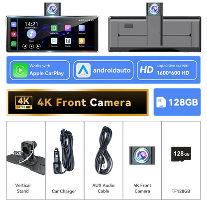 10.26" 4K/1080P Touch Car Stereo with CarPlay & Android Auto | Front & Rear Dash Cam, Night Vision, WiFi, Bluetooth, FM