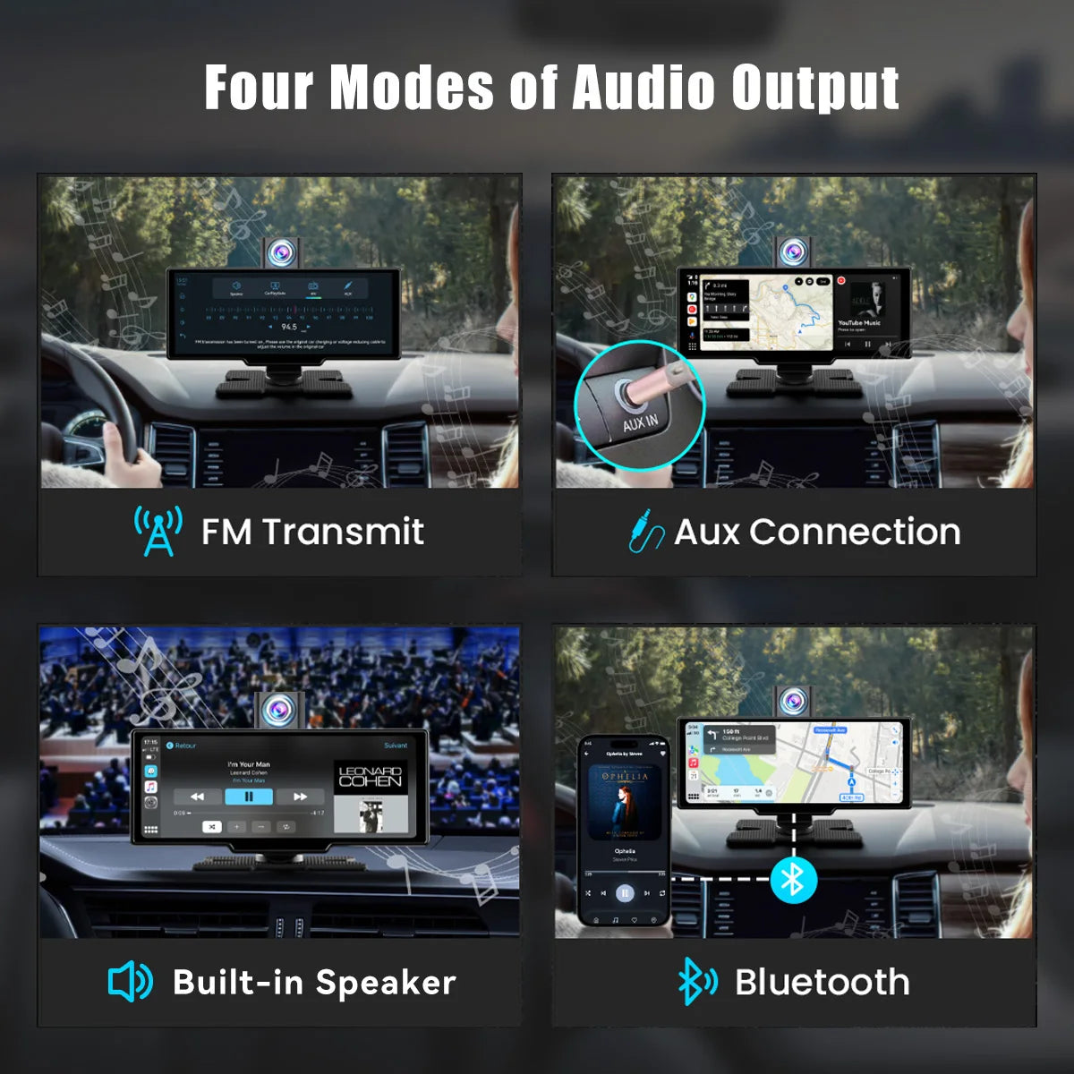 10.26" 4K/1080P Touch Car Stereo with CarPlay & Android Auto | Front & Rear Dash Cam, Night Vision, WiFi, Bluetooth, FM