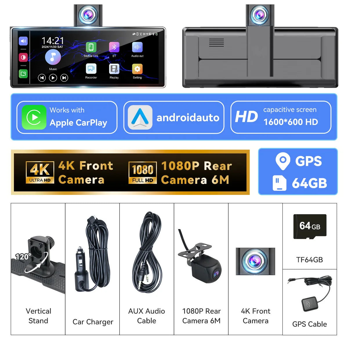 10.26" 4K/1080P Touch Car Stereo with CarPlay & Android Auto | Front & Rear Dash Cam, Night Vision, WiFi, Bluetooth, FM