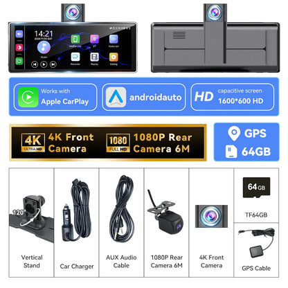 10.26" 4K/1080P Touch Car Stereo with CarPlay & Android Auto | Front & Rear Dash Cam, Night Vision, WiFi, Bluetooth, FM