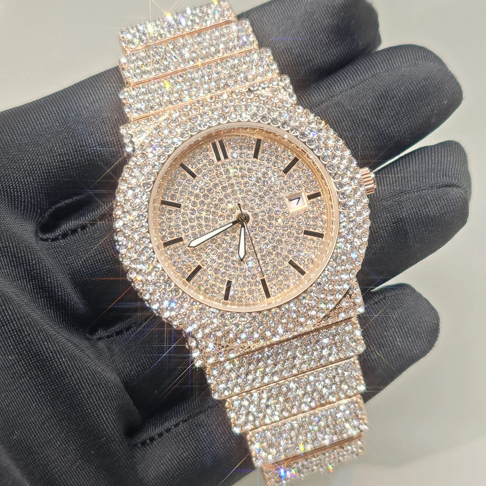 Hot New Luxury Watches For Men Full Diamond Iced Hip Hop Stylish Quartz Watch For Male Waterproof Calendar Men's Wristwatches