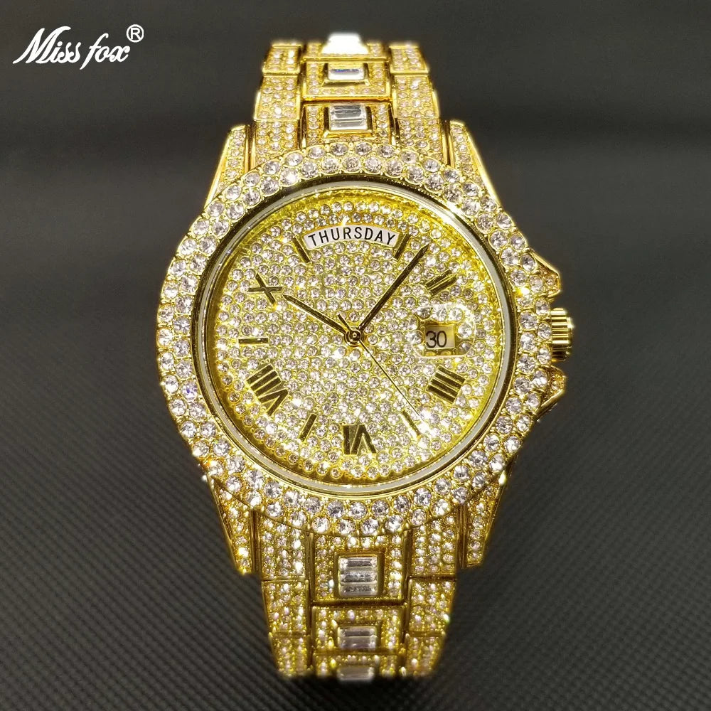 Luxury Shiny Diamond Watch For Men Hip Hop Trendy Iced Out Quartz Watches High Quality Stainless Steel Waterproof Day Date Clock