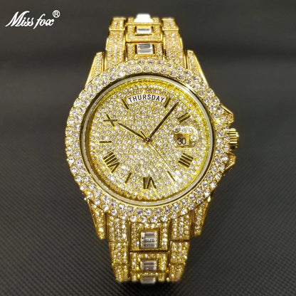 Luxury Shiny Diamond Watch For Men Hip Hop Trendy Iced Out Quartz Watches High Quality Stainless Steel Waterproof Day Date Clock