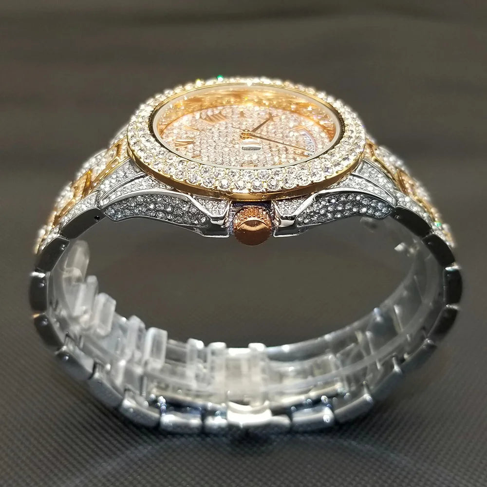 Luxury Shiny Diamond Watch For Men Hip Hop Trendy Iced Out Quartz Watches High Quality Stainless Steel Waterproof Day Date Clock