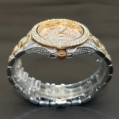 Luxury Shiny Diamond Watch For Men Hip Hop Trendy Iced Out Quartz Watches High Quality Stainless Steel Waterproof Day Date Clock