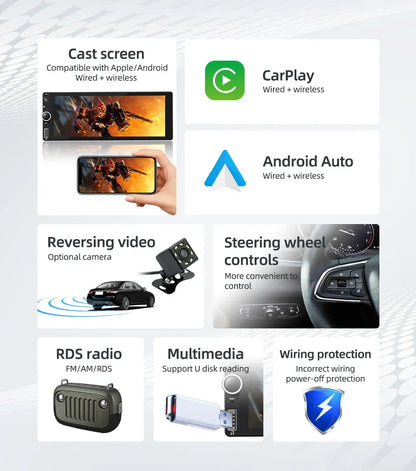 1din 6.86" HD Car Radio Multimedia Carplay Touch Screen Mirror Link Stereo Bluetooth USB FM Camera MP5 Player