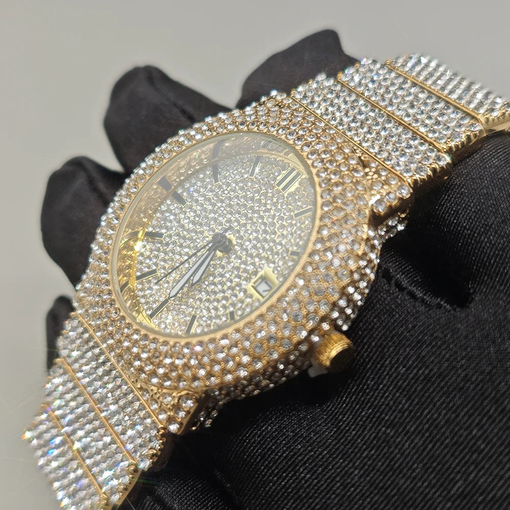 Hot New Luxury Watches For Men Full Diamond Iced Hip Hop Stylish Quartz Watch For Male Waterproof Calendar Men's Wristwatches
