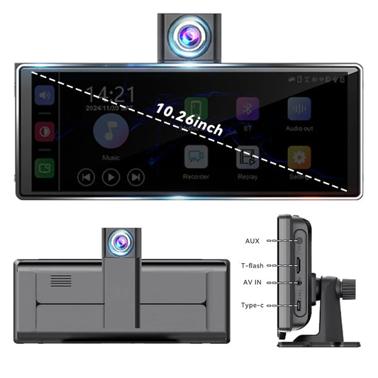 10.26" 4K/1080P Touch Car Stereo with CarPlay & Android Auto | Front & Rear Dash Cam, Night Vision, WiFi, Bluetooth, FM
