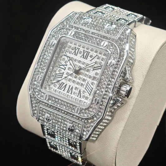 2025 Hot Sell Ice Watches Men Luxury Stainless Steel Hip Hop Full Diamond Square Quartz Wristwatch With Calendar Droshipping