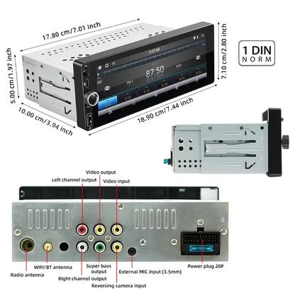 1din 6.86" HD Car Radio Multimedia Carplay Touch Screen Mirror Link Stereo Bluetooth USB FM Camera MP5 Player