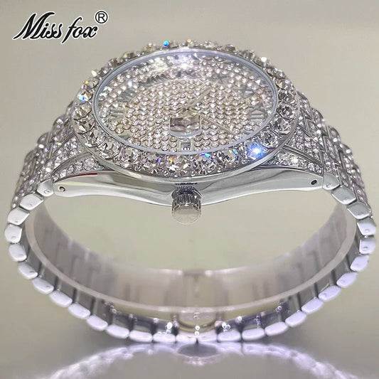 Hot Hip Hop Iced Out Watch for Mens Brand MISSFOX Fashion Bling Quartz Clocks Luxury Full Diamond Wrist Watches Man Reloj Hombre