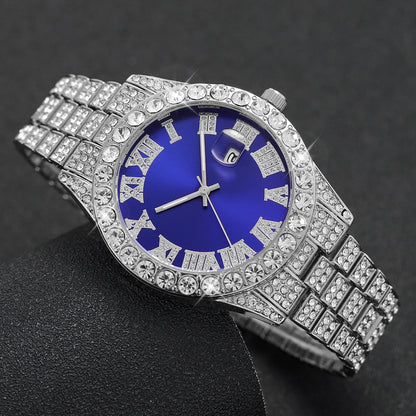 2PCS/Set Hip Hop Men's Watch Fashion Diamond Stainless Steel Band Male Quartz Watches Gift Boyfriend