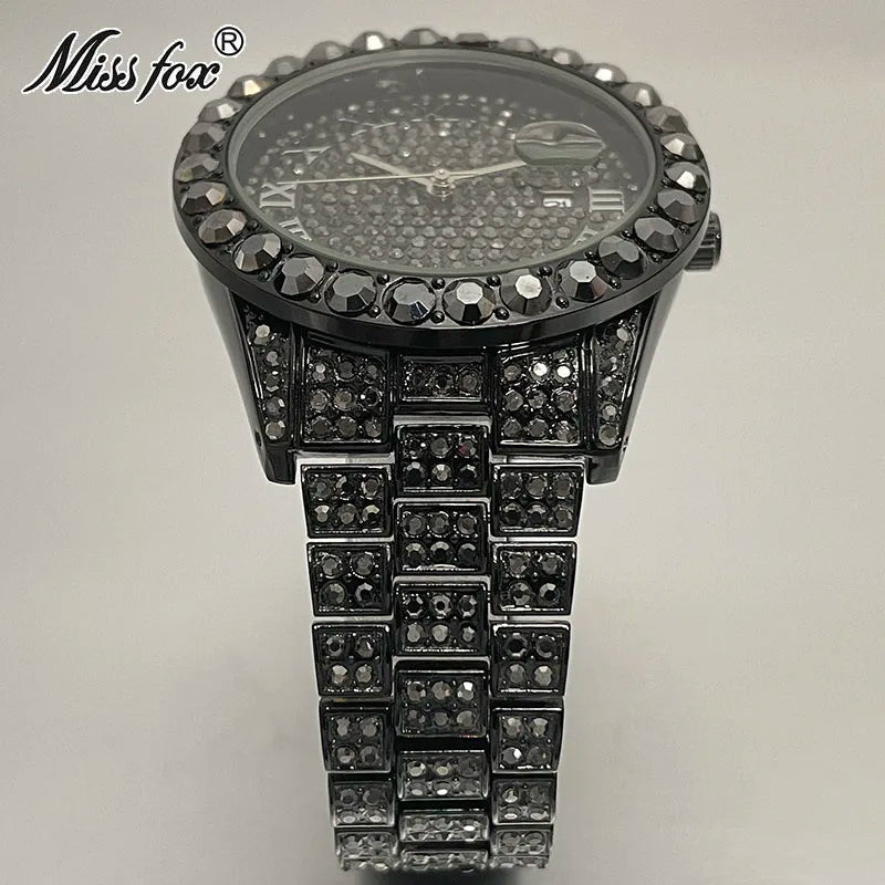 Hot Hip Hop Iced Out Watch for Mens Brand MISSFOX Fashion Bling Quartz Clocks Luxury Full Diamond Wrist Watches Man Reloj Hombre