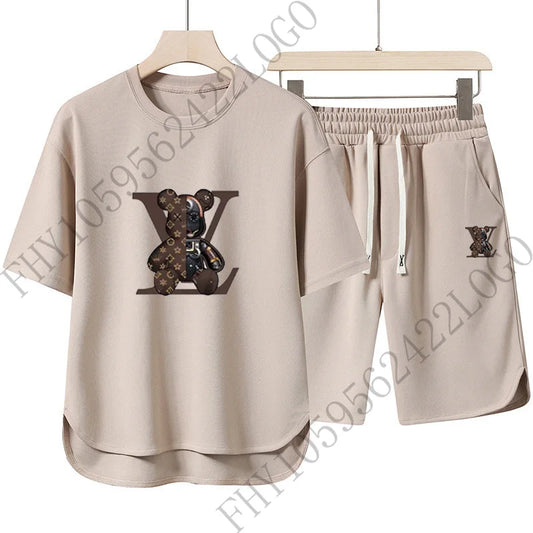 2025 Summer Street men fashion Breathable fitness sports fashion high quality printed short sleeve T-shirt + jogging shorts set