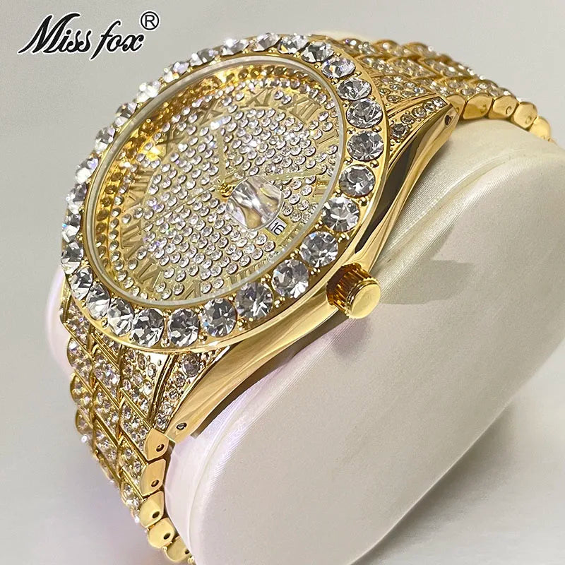 Hot Hip Hop Iced Out Watch for Mens Brand MISSFOX Fashion Bling Quartz Clocks Luxury Full Diamond Wrist Watches Man Reloj Hombre