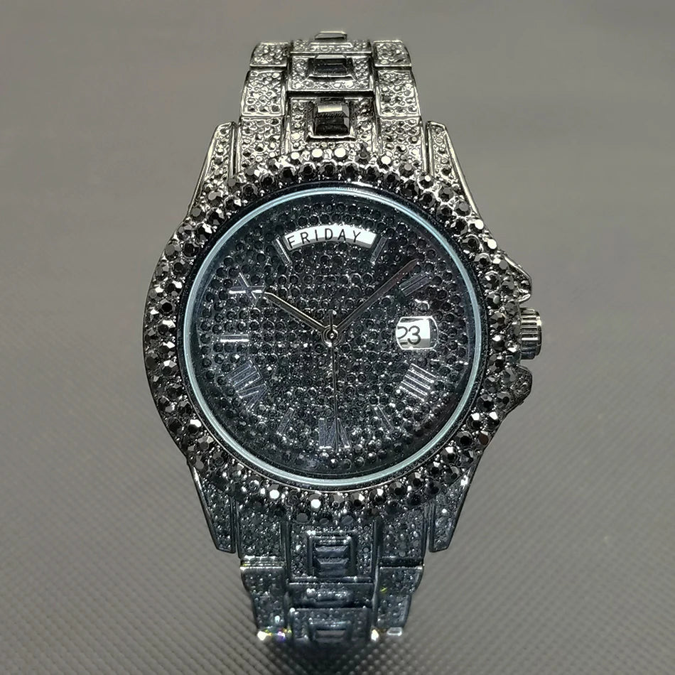 Luxury Shiny Diamond Watch For Men Hip Hop Trendy Iced Out Quartz Watches High Quality Stainless Steel Waterproof Day Date Clock