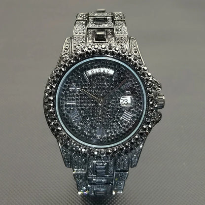 Luxury Shiny Diamond Watch For Men Hip Hop Trendy Iced Out Quartz Watches High Quality Stainless Steel Waterproof Day Date Clock