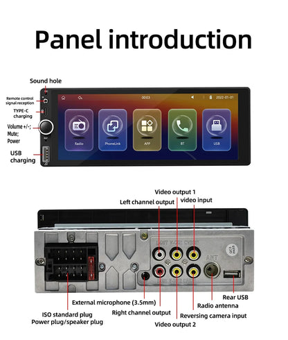 1din 6.86" HD Car Radio Multimedia Carplay Touch Screen Mirror Link Stereo Bluetooth USB FM Camera MP5 Player