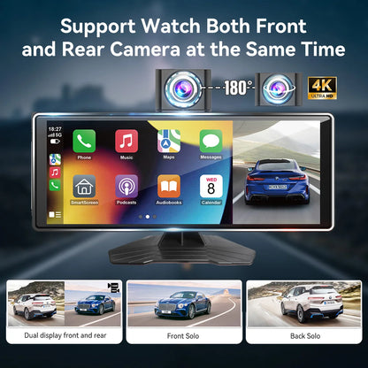 10.26" 4K/1080P Touch Car Stereo with CarPlay & Android Auto | Front & Rear Dash Cam, Night Vision, WiFi, Bluetooth, FM