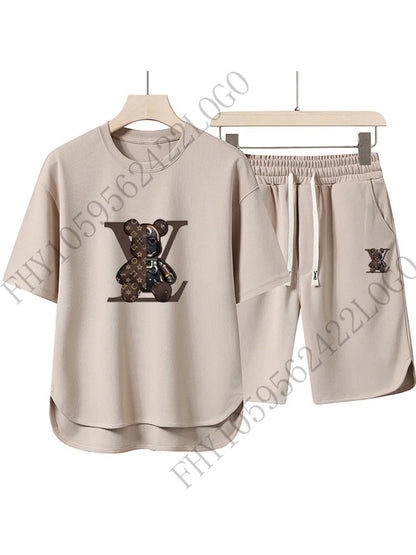 2025 Summer Street men fashion Breathable fitness sports fashion high quality printed short sleeve T-shirt + jogging shorts set