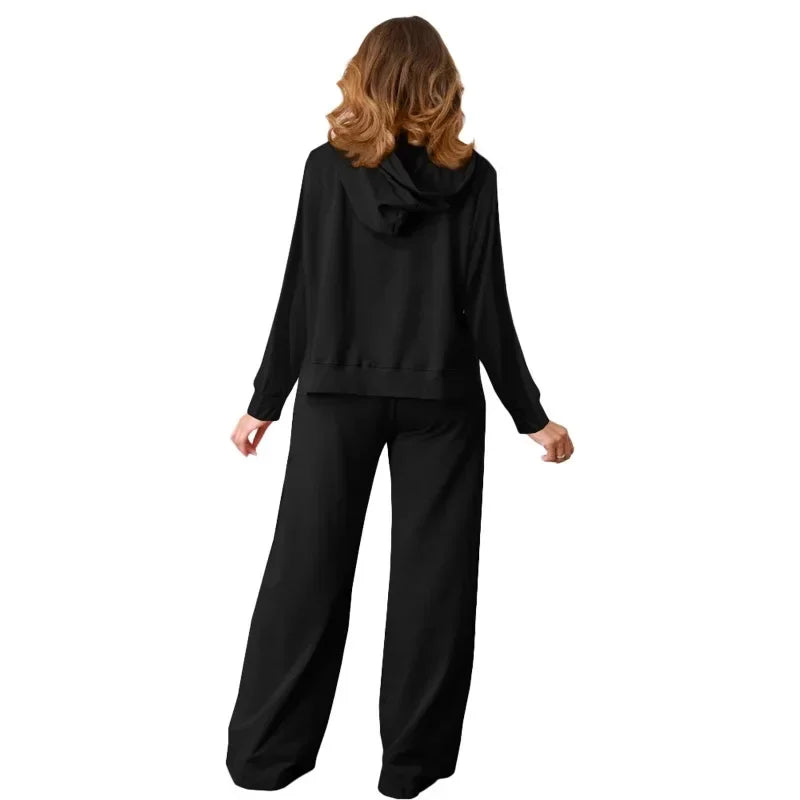 GUWU Active Wear Autumn Solid Women's Set Long Sleeve Hooded Sweater and Wide Leg Pants  Two 2 Piece Sets Outfits Tracksuit